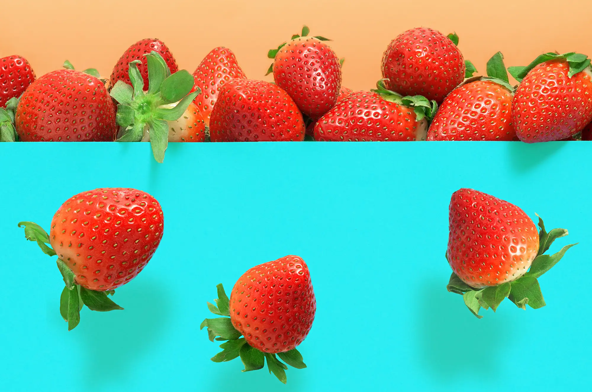 Falling ripe juicy strawberries on a blue background.